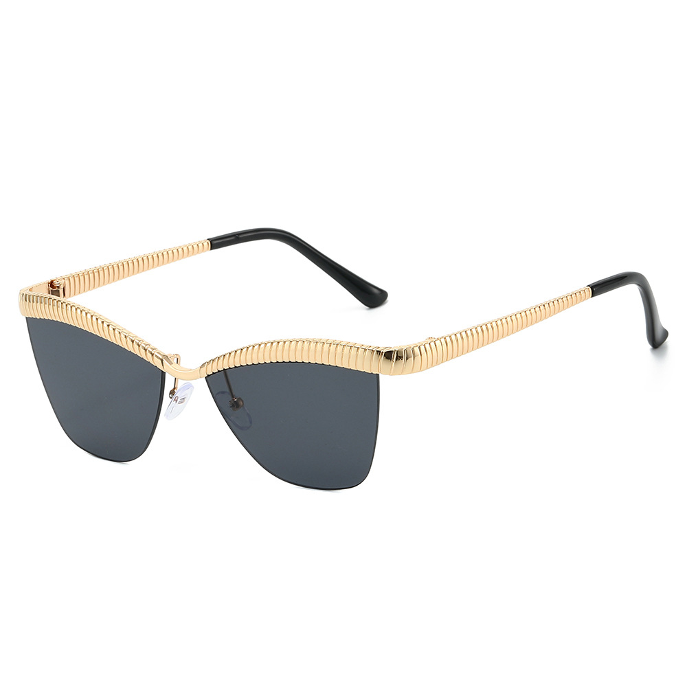 2026 New Cross-Border Half-Frame Fashion European And American Style Unique Cat-Eye Ins-Style Striped Metal Sunglasses_voghion.com