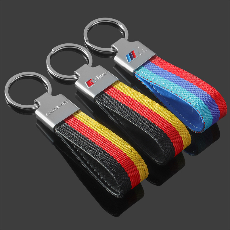 Cross-border M three-color sports logo Mercedes Benz AMG Audi Sline nylon woven belt car logo keychain pendant
