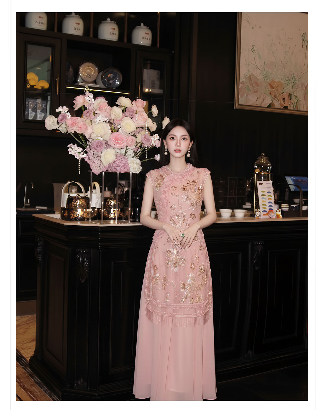 Đầm maxi nữ thắt eo thiết kế hoa nổi thêu ren cao cấp — màu hồng chi tiết 13