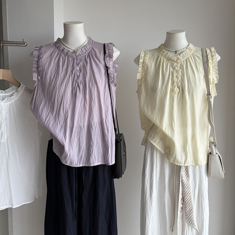 2026 Summer New Korean Style Ruffled Edge Fresh and Youthful Thin Sleeveless Shirt for Women 6719
