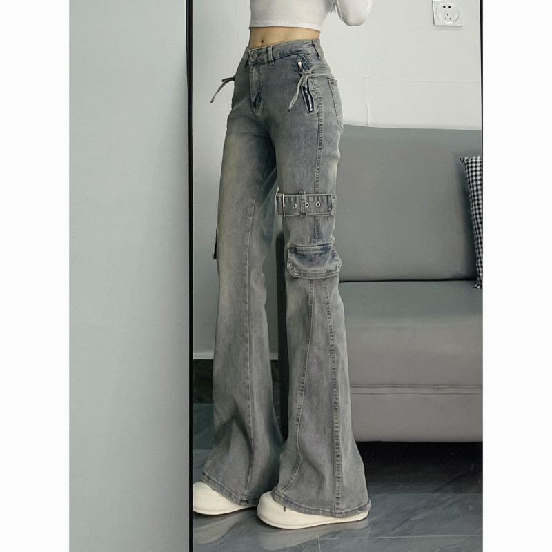 美式复古重工拼接设计感微喇牛仔裤女2025春季新款修身显瘦马蹄裤|undefined
