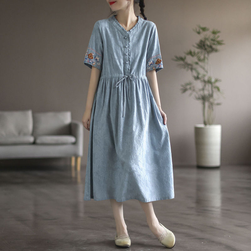 Washed Jacquard Cotton Embroidered Waist-Cinching Drawstring Cotton-Linen Mid-Length Dress for Women, Artistic Retro Style Short Sleeves