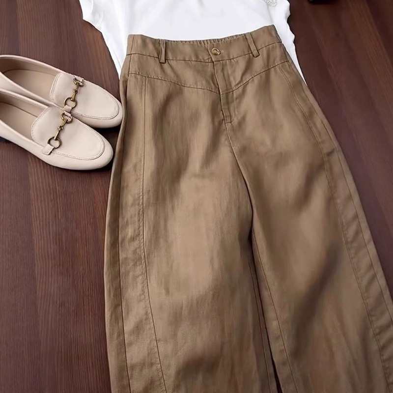 This Year's Popular Lazy Style High-Waisted Wide-Leg Pants for Women in Summer Brown Tencel Linen Loose and Comfortable Casual Pants