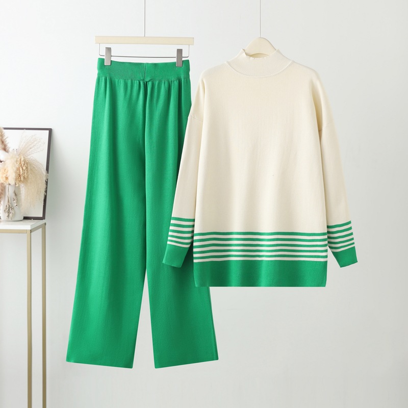 Abbigliamento da donna nuovo abito casual alla moda alla moda che riduce l'età top in maglia pantaloni a gamba larga abito in due pezzi_voghion.com