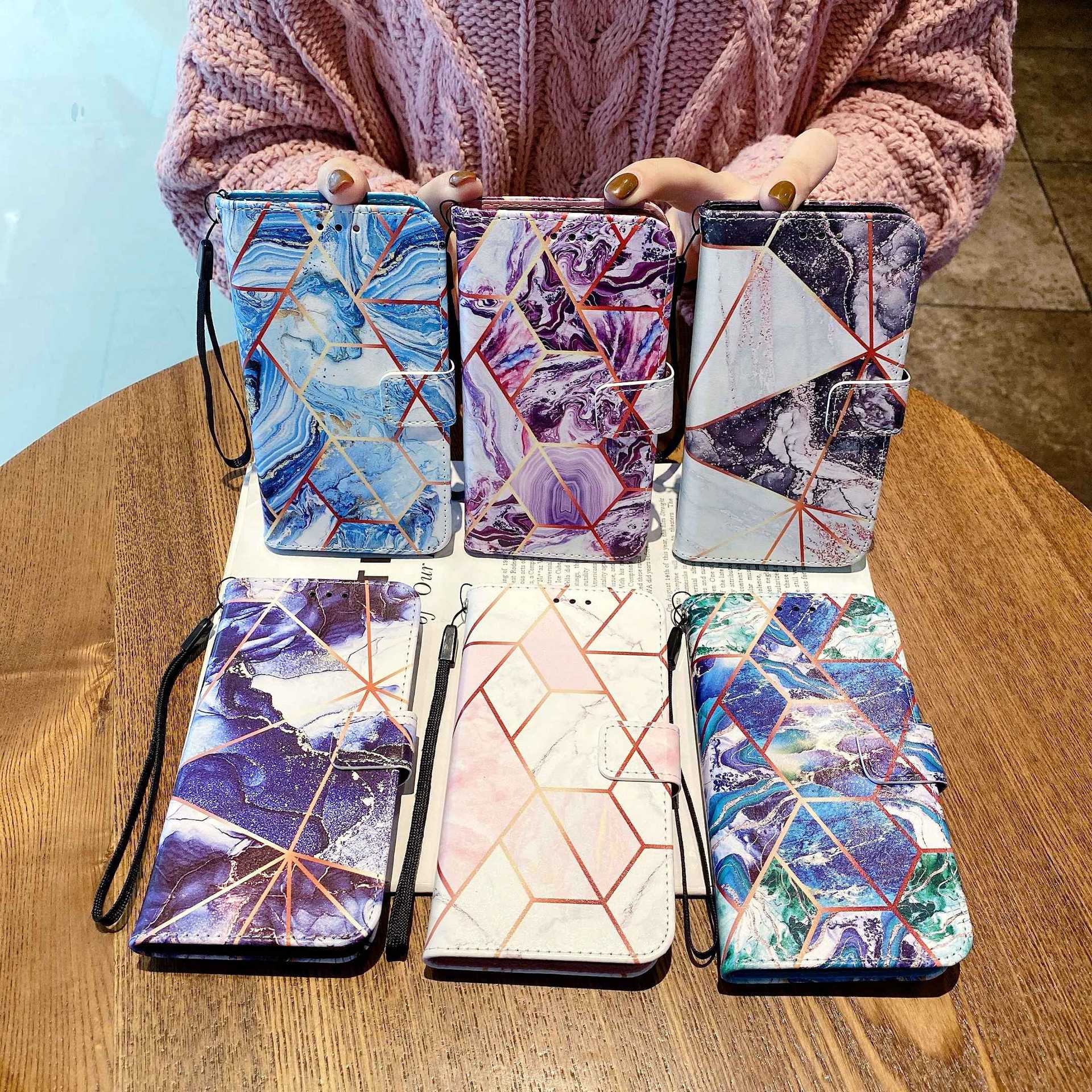 Suitable for iPhone 14 Promax electroplated splicing marble flip cover leather case, Apple 13 card holder case_voghion.com