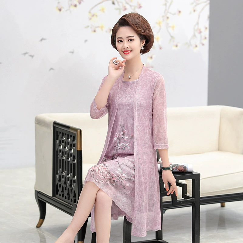 Летнее платье для мамы, модная юбка до колен, новый женский костюм-двойка 2025 года для женщин среднего и пожилого возраста, широкая женская шаль