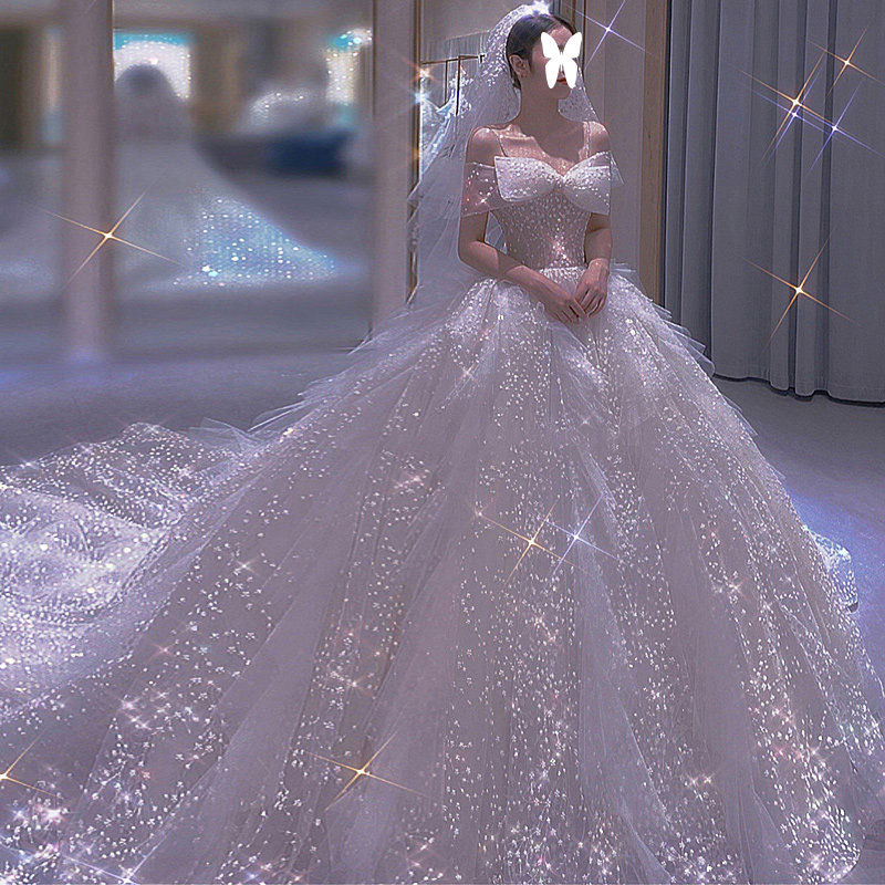 Vestido de novia ligero estilo francés, modelo nuevo 2025, elegante, para novias pequeñas, sencillo y grandioso, vestido de novia estilo cielo estrellado de Suzhou con cola.