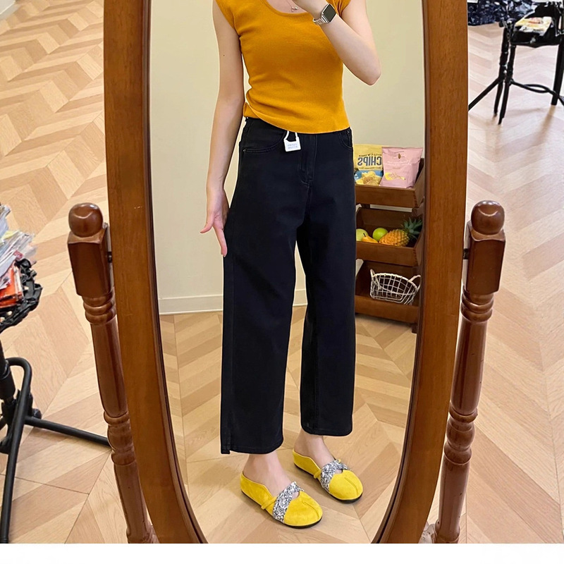 Nine-Point Tencel Soft Denim Pants for Women, Summer Thin Black Straight-Leg Pants, Plus-Size Slimming Ice Silk Narrow Wide-Leg Pants