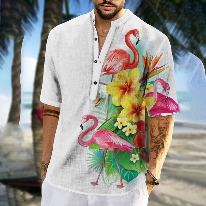 2025 New Aliexpress Loose Printed Youth Casual Stand Collar Thin Men's Shirt