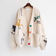 Maoning 秋と冬の新韓国スタイルニットルーズ重工業カラー刺繍ファッション V ネックミッドレングスセーター女性のジャケット