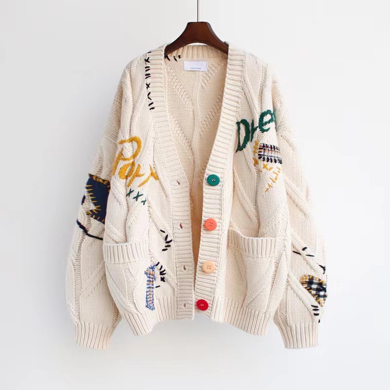 Maoning 秋と冬の新韓国スタイルニットルーズ重工業カラー刺繍ファッション V ネックミッドレングスセーター女性のジャケット|undefined