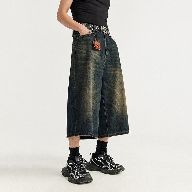 Hong Kong Style Retro Old Men's Loose Wide Leg Denim Shorts Fashion Brand Summer Lazy Style Nostalgic Color Antique Seven Points