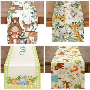 Cross-border Amazon baby table runner cartoon animal pattern linen table runner tablecloth restaurant home atmosphere decoration