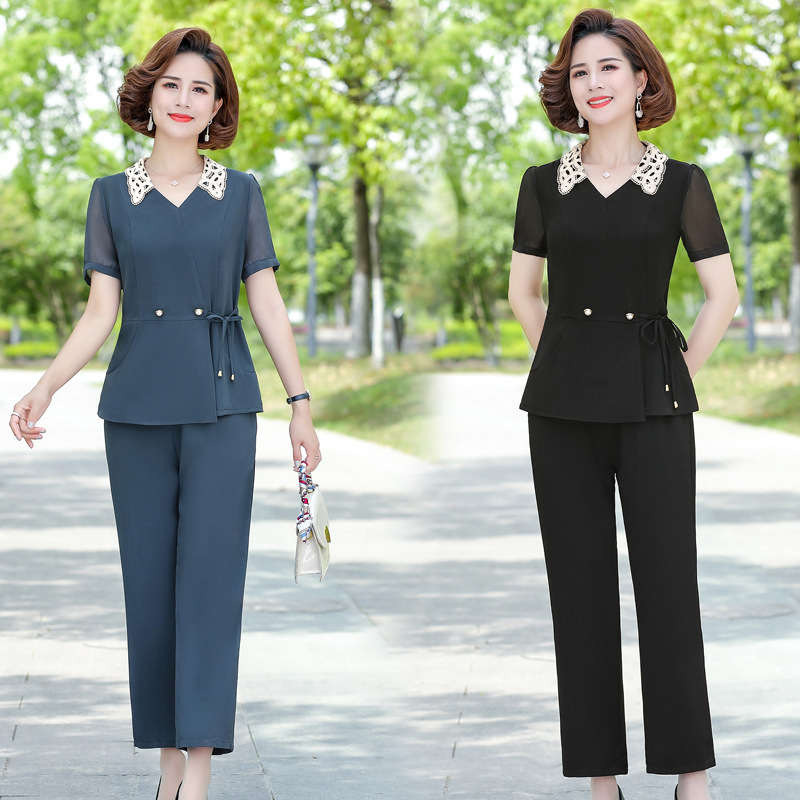 Elegant Mother's Summer Dress Western Style Suit Slimming 40-year-old 50 Middle-aged Women's Summer Thin Short-sleeved Western Style Two-piece Suit