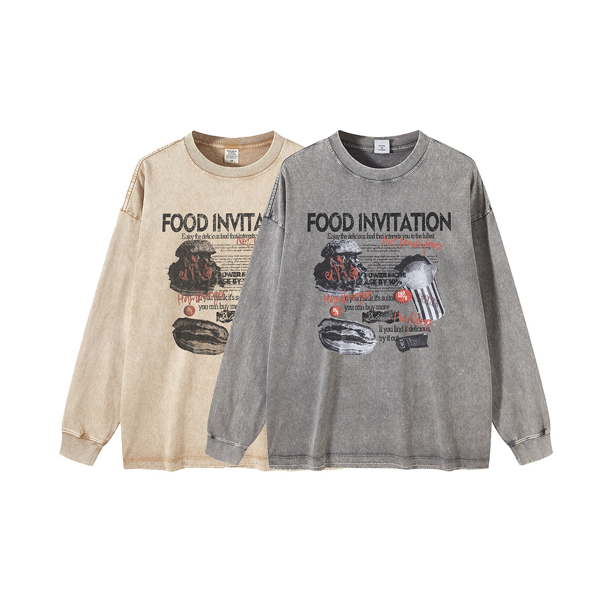 Ropa para Hombre BE | Camiseta de manga larga para hombre, estilo americano, holgada, de algodón puro, con estampado retro de tinta blanca, a la moda, otoño 2025