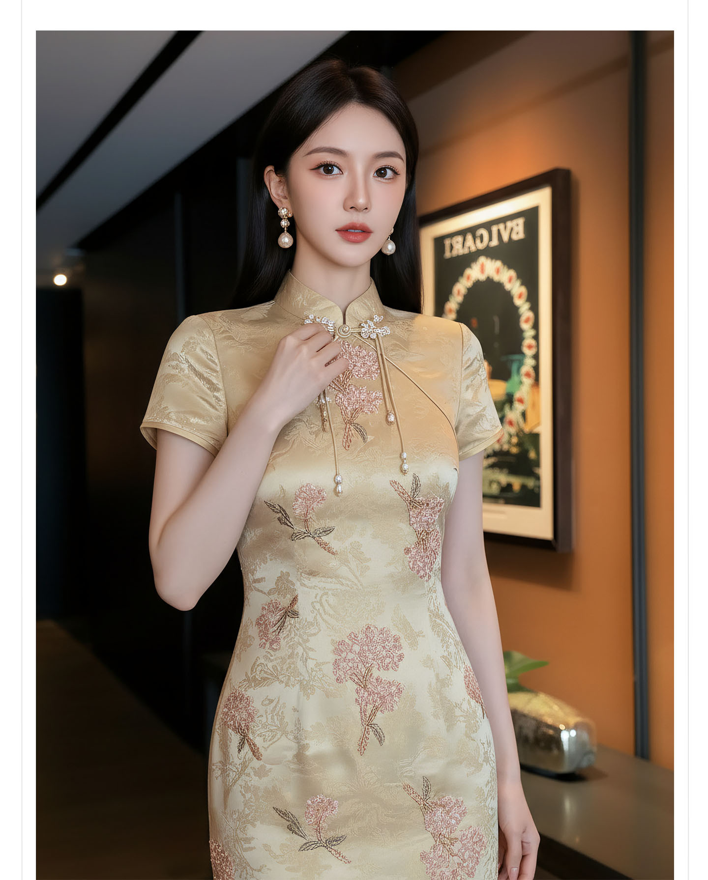 Đầm maxi nữ thêu ren hoa cổ trụ cài khuy, phong cách tân cổ điển — màu vàng chi tiết 3
