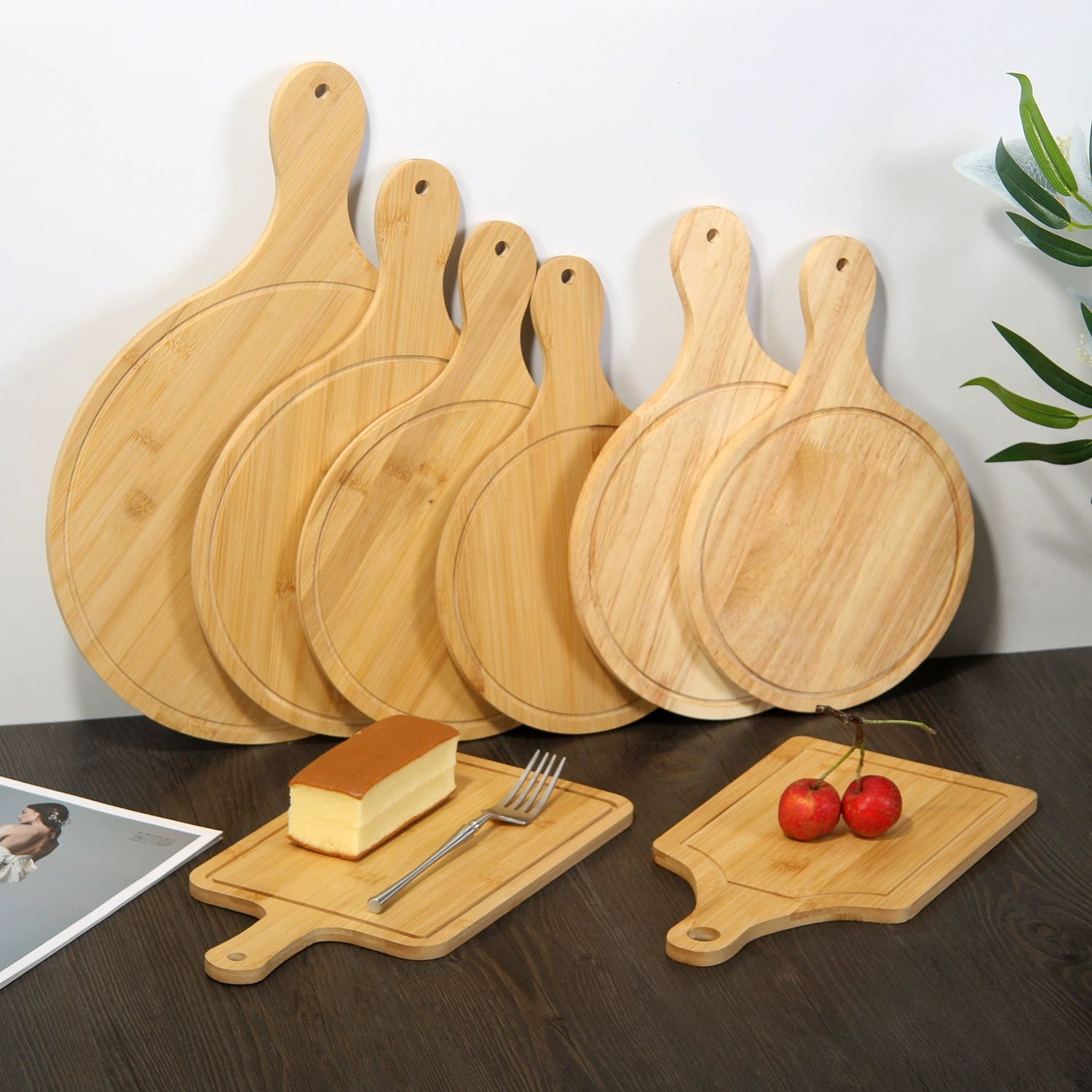 Solid Wood Round Pizza Tray Bamboo Wood Tray Western Steak Breakfast Plate Pizza Cutting Board Bread Cake Tray