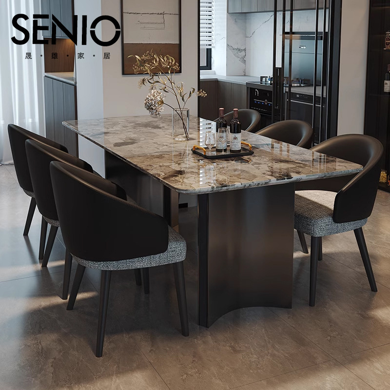 Light Luxury Marble Dining Table Italian Style Minimalist Rectangular Household Dining Table and Chair Combination High-end Dining Table for Small Apartment