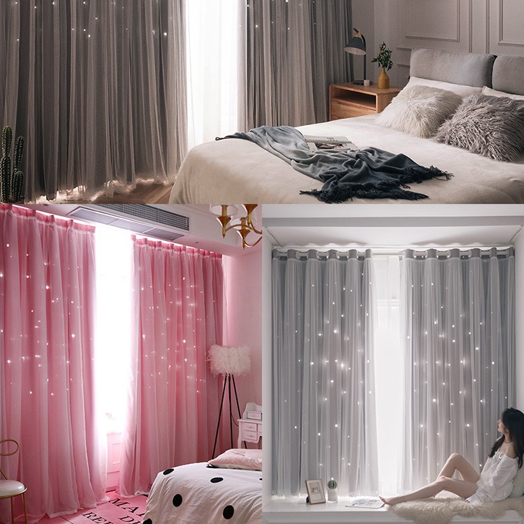Internet celebridad cortina de sombreado hueco estrella dormitorio Punch-libre ins doble capa de luz de lujo ventana de la Bahía de cielo estrellado paño producto terminado al por mayor