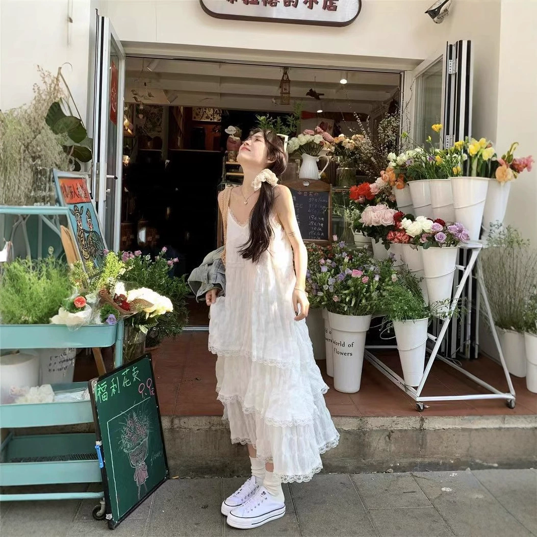 Летнее французское белое подтяжковое платье детское кружевное платье торт юбка пляжная праздничная юбка темпераментная тонкая длинная юбка