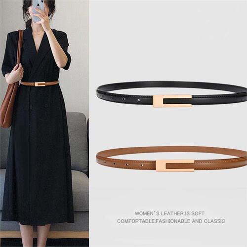 Women's Summer PU Leather Decorated Dress with Slim Waist, Simple Style, Can Match Suit, Black Slim Waist Small Belt