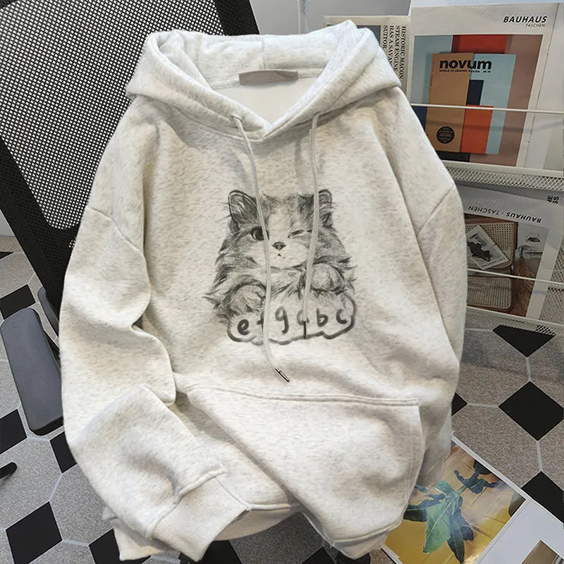 American Trendy Cat Print Hooded Sweatshirt for Women, New Versatile Autumn and Winter Trendy Brand Casual Velvet Top for Men