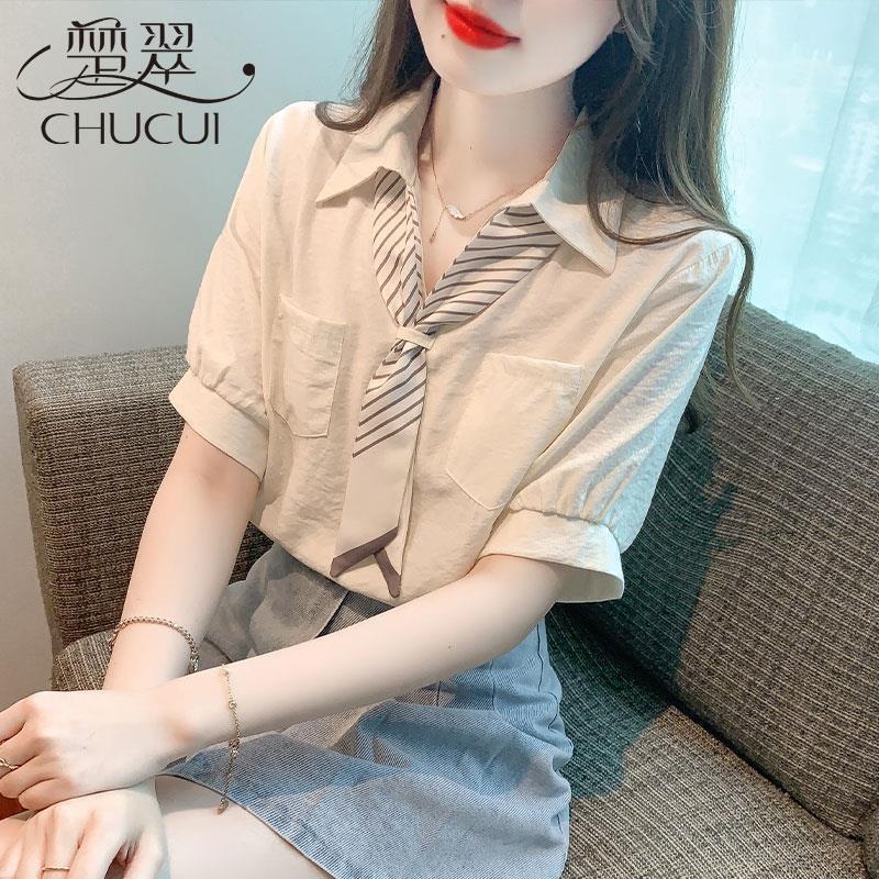 Collar Age-Reducing Short-Sleeved Shirt for Women, Summer High-End Chiffon Shirt for Women, High-End, Stylish, Beautiful and Chic Top