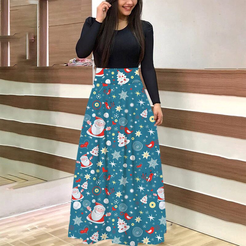 2021 Independent Station Cross-Border New Loose Christmas Long Full Skirt European and American Large Size Printed Long-Sleeved Dress 2021 Independent Station Cross-Border New Loose Christmas Long Full Skirt European and American Large Size Printed Long-Sleeved Dress