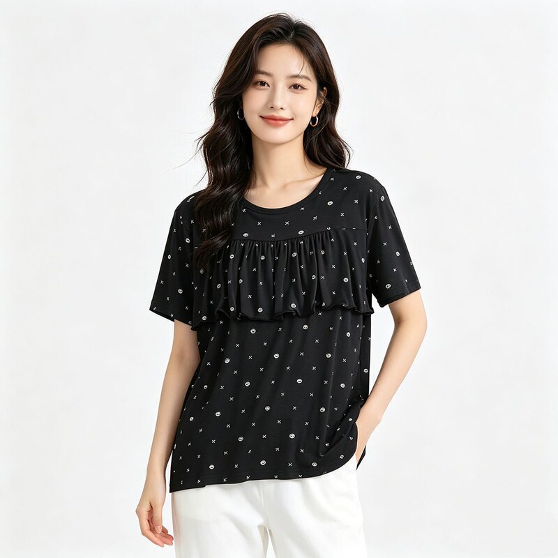 Women's Cotton Printed Plus-Size Double-Layer Wave-Patterned Bra-Free Anti-Bump Chest Cover That Can Be Worn Outside as Pajamas or Home Short-Sleeve Wear Women's Cotton Printed Plus-Size Double-Layer Wave-Patterned Bra-Free Anti-Bump Chest Cover That Can Be Worn Outside as Pajamas or Home Short-Sleeve Wear
