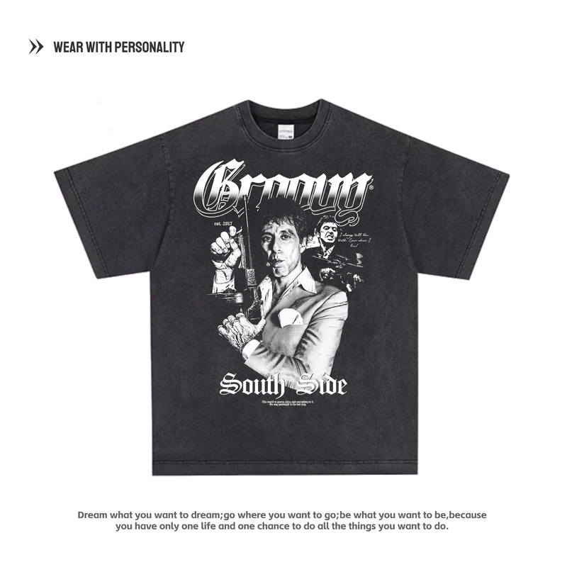 Scarface Homage Tees Retro Movie Print Heavy Direct Spray American High Street Short-Sleeved T-Shirt for Men and Women