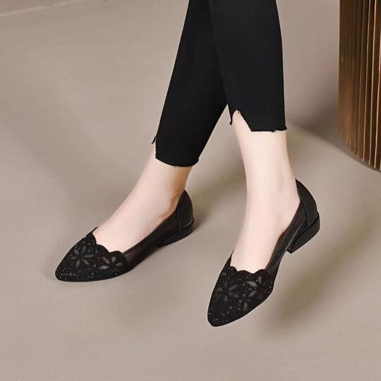 Mesh women's shoes hollow-out sandals women's summer new mesh breathable chunky heel single-layer shoes women's mid-heel middle-aged mom shoes