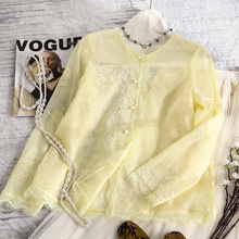 南油25新款真丝欧根纱刺绣新中式上衣圆领蕾丝边透气时尚宽松衬衫