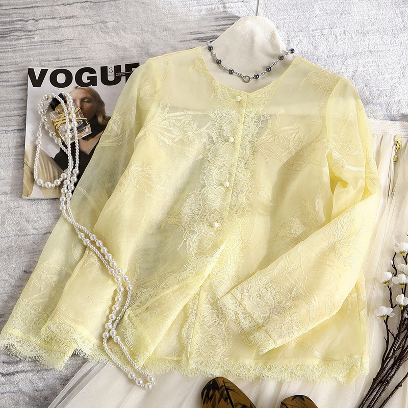 Nanyou 25 New Silk Organza Embroidered New Chinese Style Top Round Neck Lace Edge Breathable Fashionable Loose Shirt