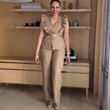 欧美跨境女装2025秋季新款气质V领飞飞袖格子上衣阔腿长裤套装