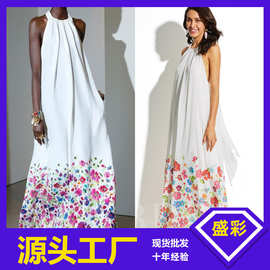 2025新款 ebay亚马逊欧美印花无袖挂脖性感大摆 皱褶连衣裙晚礼服