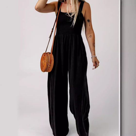 2024 basic simple high waist off-the-shoulder wide-leg pure black one-piece trousers