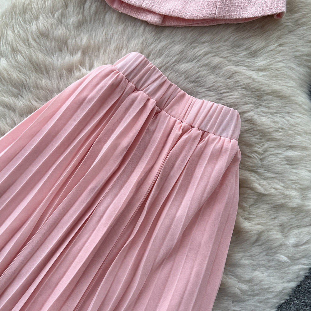 Inspired Women's Pink Two Piece Set Summer Short Sleeve High Waisted Pleated Skirt Sophisticated And Elegant_ecoleips.com