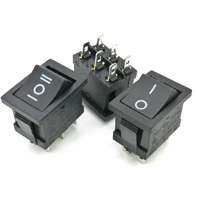 供应黑色船型开关 6脚两档 船形开关KCD1-106 三档 尺寸21X15MM