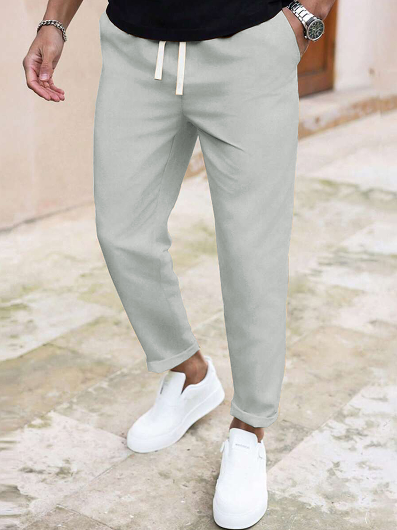 ​​"Men's Slim Fit Casual Pants - Solid Color Drawstring Waist, Lightweight Polyester For Everyday Comfort & Street Style"​​_viptrois.com