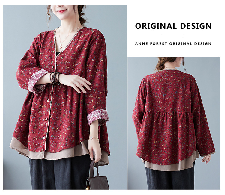350g Weight Long Sleeve Sleeve Length Single Breasted Placket Type Regular Sleeve Sleeve Type Printing, Cotton and Linen, Hemp Fabric Type Ordinary Model (50cm <Length ≤ 65cm) Top Length Fake two-piece set, Shirt Tops Type V Neck Neckline Loose Fit Type Floral Pattern Temperament Commuter, Commute style Style Printing Craft Autumn 2025 Women's Floral V-neck Open Cardigan Fake Two-Piece Loose Cotton Linen Plus Size Shirt Elegant Commute Style 15