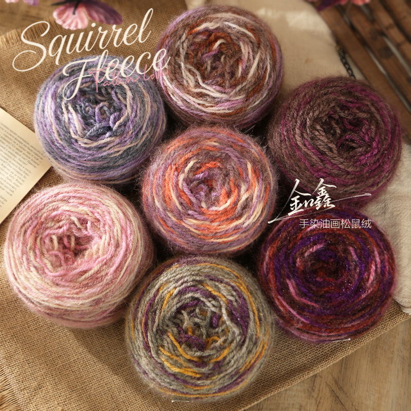 Hand-dyed oil painting-inspired yarn, featuring a patchwork design with squirrel fur-like texture, perfect for knitting scarves, hats, sweaters, and blankets using DIY crochet techniques Hand-dyed oil painting-inspired yarn, featuring a patchwork design with squirrel fur-like texture, perfect for knitting scarves, hats, sweaters, and blankets using DIY crochet techniques