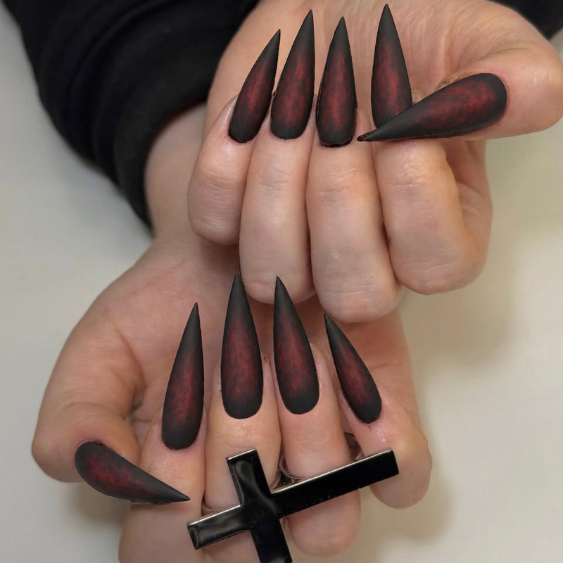 Wm-484 Red Flame Black Mark Long Pointed Matte Nail Tips Halloween Gothic Punk Dark Red 24 Pieces Wearable Nail Stickers Wholesale Wm-484 Red Flame Black Mark Long Pointed Matte Nail Tips Halloween Gothic Punk Dark Red 24 Pieces Wearable Nail Stickers Wholesale