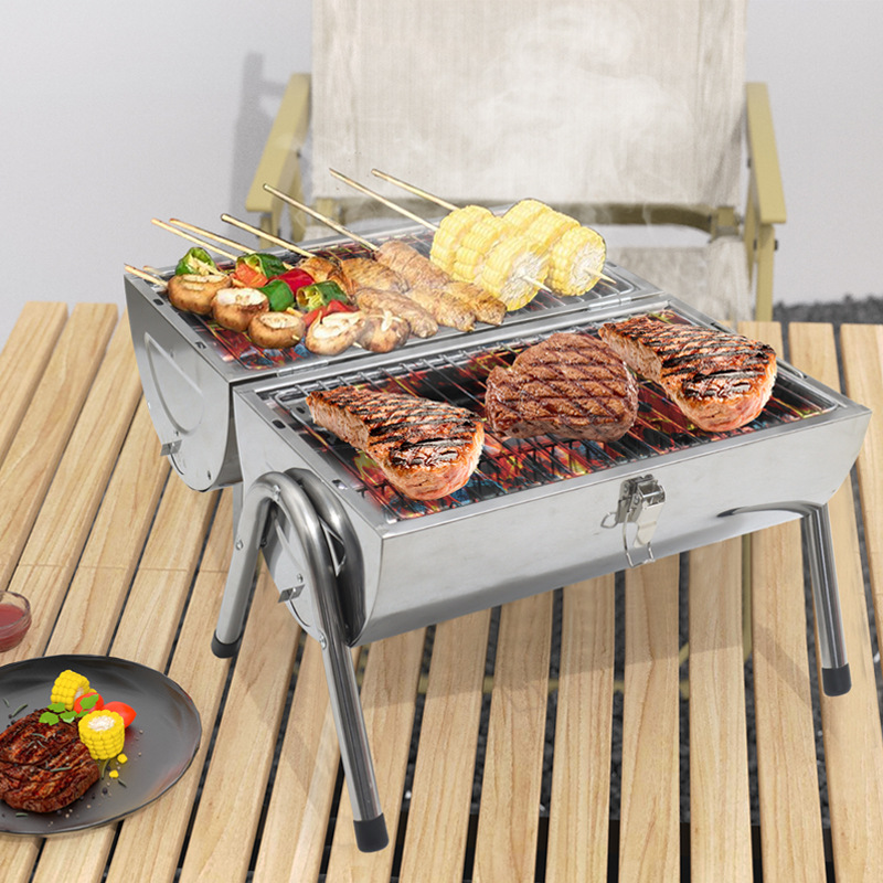 En stock estufa de barbacoa de acero inoxidable portátil al aire libre de doble cara estufa portátil camping barbacoa hermanos estufa de carbón parrilla