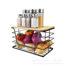 跨境新款厨房多功能水果调料瓶收纳篮垃圾袋置物篮铁木结合收纳筐