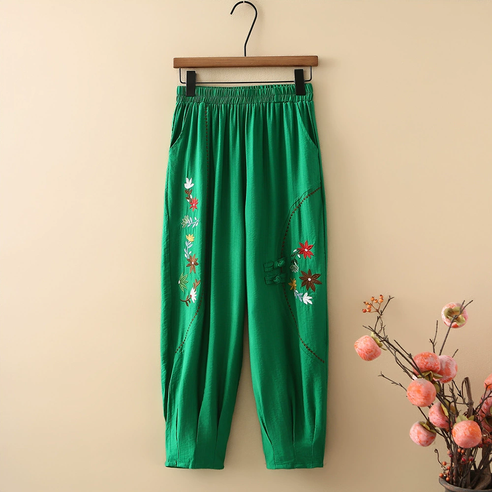 Мама весной и летом тонкие ретро этнические брюки среднего и пожилого возраста вышитые большие размеры редьки брюки бабушки повседневные брюки