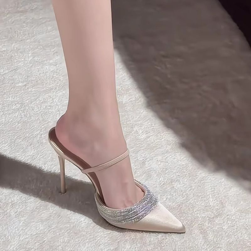 2025 Autumn New Style Pointed-Toe Purple Stiletto High-Heeled Shallow Sequin Strap Sandals Women's Summer Sandals