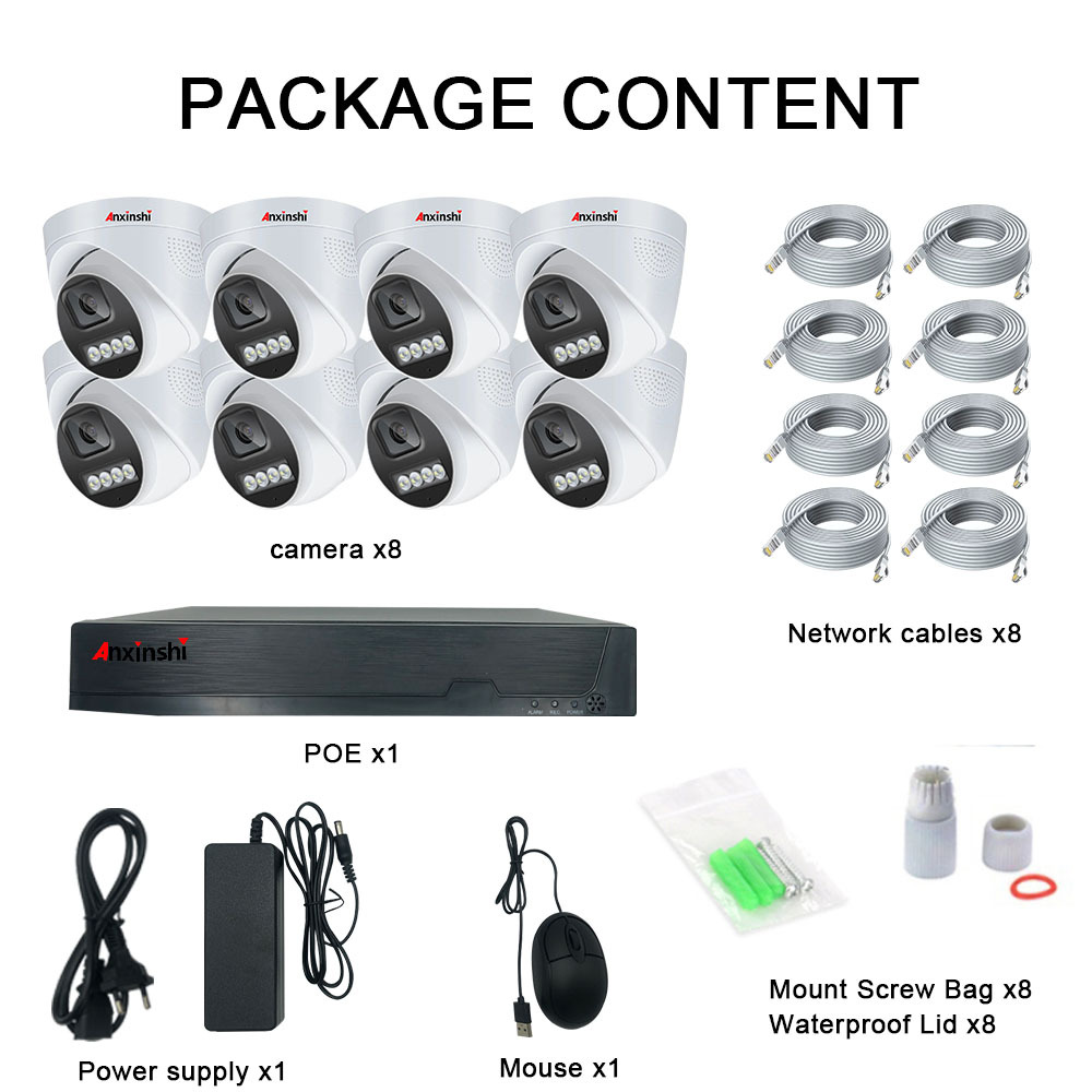 8CH Kamera Kiti Su Geçirmez Tam Renkli Ip Cctv POE Kamera APP Üzerinden Uzaktan İzleme ve Oynatma