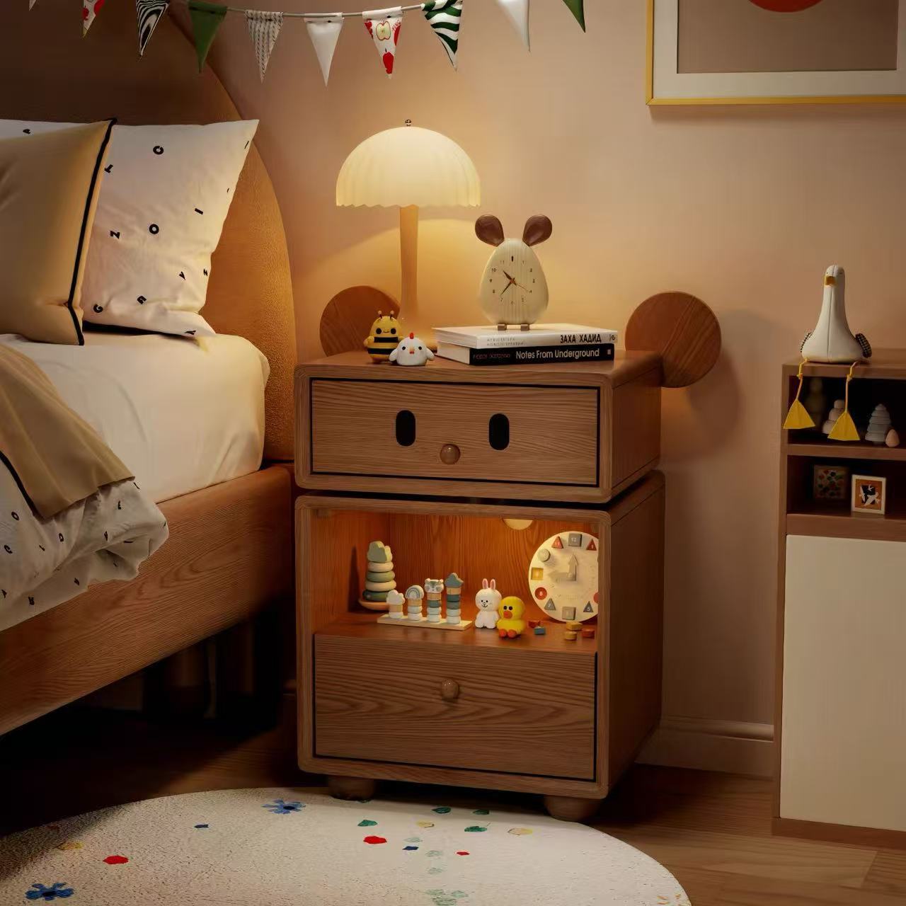Bedside Cabinet Children's Solid Wood Bedroom Small Bedside Cabinet with Light Creative Popular Cute Robot Storage Cabinet