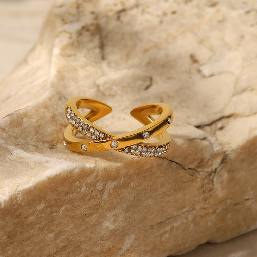 INS French-style niche design stainless steel plated with 18K gold women's versatile cross-set white diamond open ring
