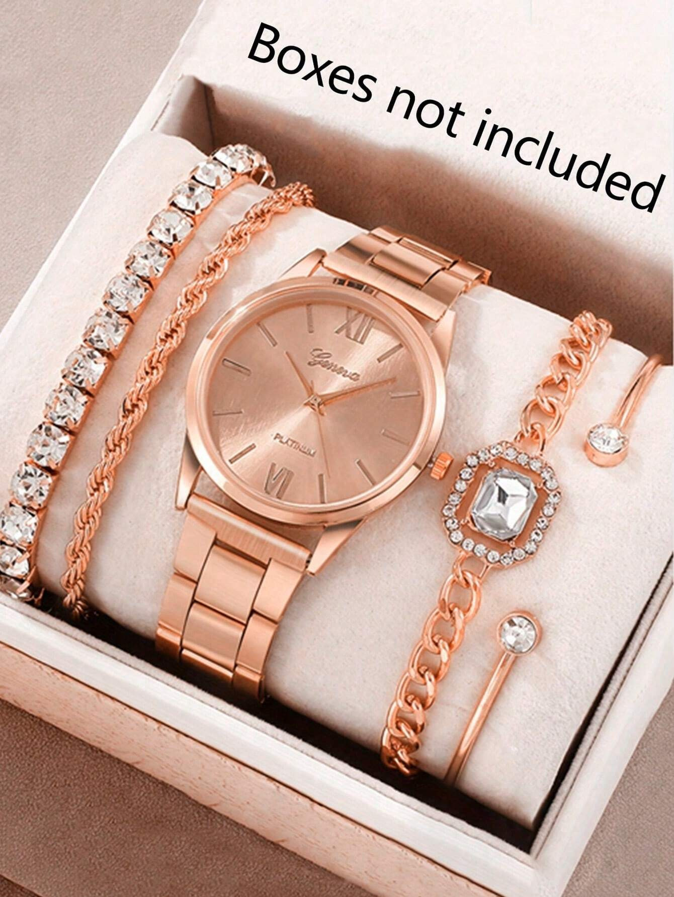 Ventas transfronterizas calientes oro reloj de cara romana pulsera damas 4 piezas conjunto de reloj de cuarzo de acero reloj de aleación de alta calidad image 9